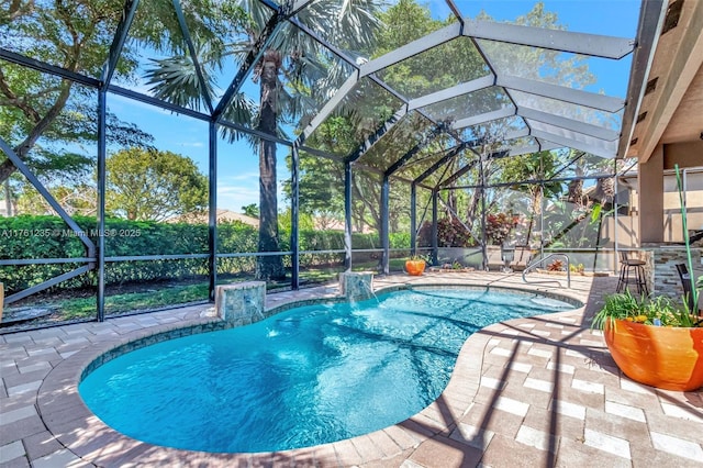 view of pool featuring a lanai, a fenced in pool, and a patio