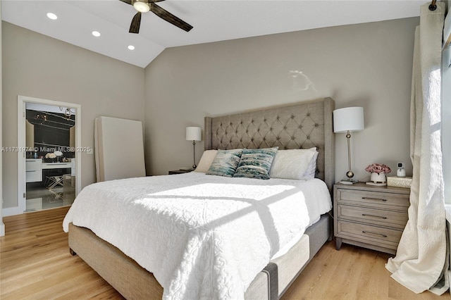 bedroom with a walk in closet, a ceiling fan, recessed lighting, light wood-style floors, and lofted ceiling