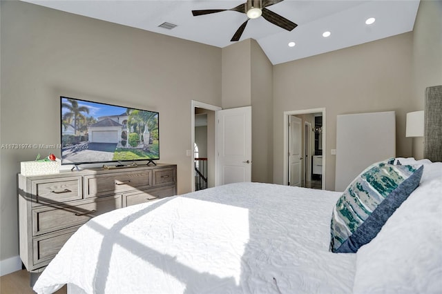 bedroom with recessed lighting, visible vents, high vaulted ceiling, and a ceiling fan