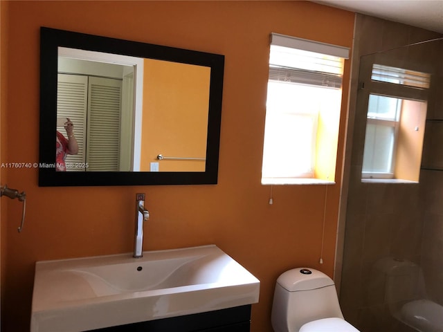 bathroom featuring a shower, toilet, a healthy amount of sunlight, and vanity