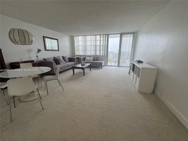 living room featuring a textured ceiling, light colored carpet, baseboards, and expansive windows