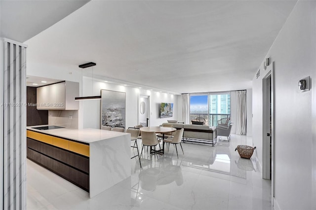 kitchen with hanging light fixtures, light countertops, floor to ceiling windows, black electric cooktop, and modern cabinets