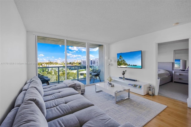 living room featuring a textured ceiling, wood finished floors, and expansive windows