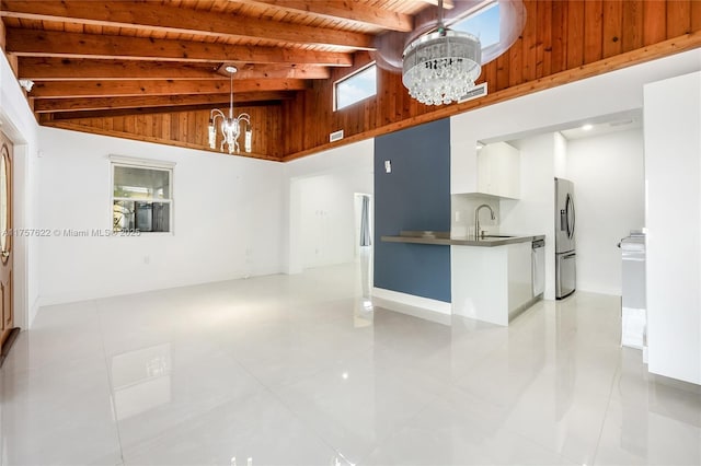 kitchen with a chandelier, wooden ceiling, white cabinetry, and stainless steel fridge with ice dispenser