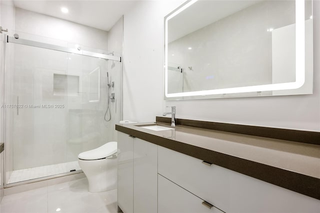 full bath featuring tile patterned floors, a stall shower, toilet, and vanity