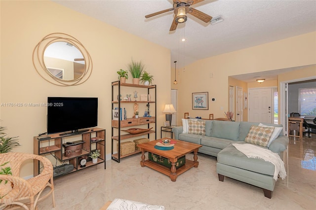1154 SE 6th Ct, Dania Beach, FL 33004 - living room with visible vents, lofted ceiling, ceiling fan, a textured ceiling, and marble finish floor