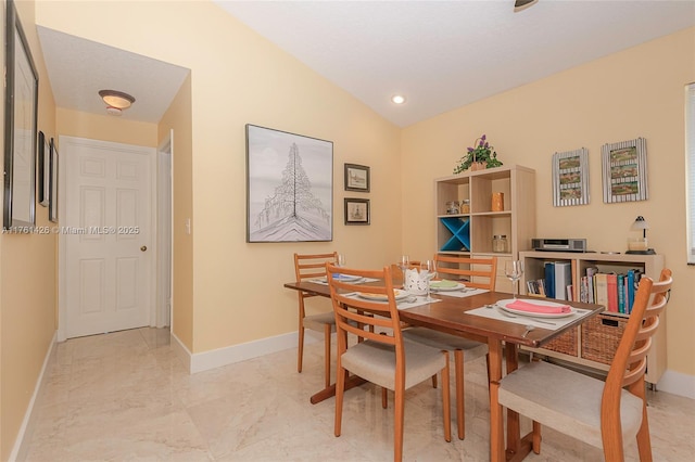1154 SE 6th Ct, Dania Beach, FL 33004 - dining room featuring recessed lighting, baseboards, marble finish floor, and vaulted ceiling