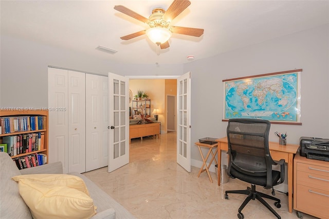 1154 SE 6th Ct, Dania Beach, FL 33004 - home office with visible vents, marble finish floor, french doors, baseboards, and ceiling fan