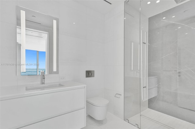 full bathroom with tile walls, a shower stall, toilet, and vanity