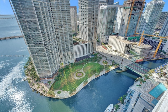 bird's eye view with a city view and a water view