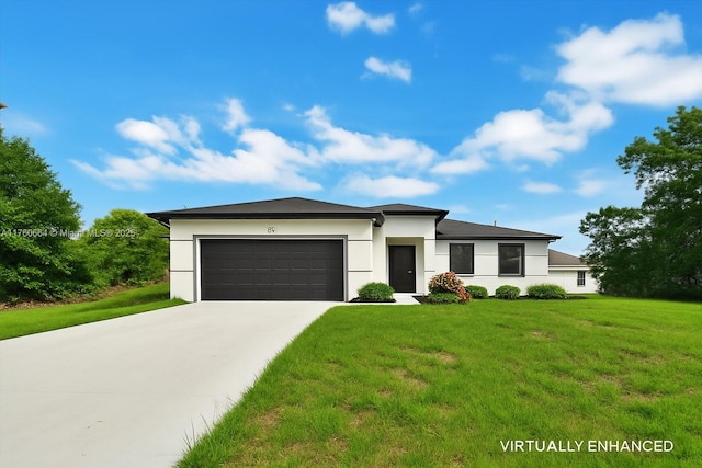 105 E 14th St, Lehigh Acres, FL 33972 - view of front facade with an attached garage, concrete driveway, a front lawn, and stucco siding