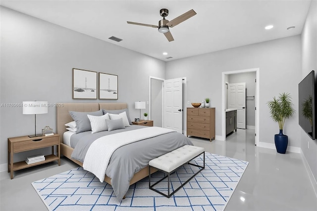105 E 14th St, Lehigh Acres, FL 33972 - bedroom with baseboards, recessed lighting, finished concrete flooring, ensuite bath, and ceiling fan