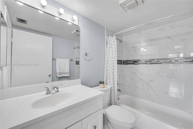 bathroom with visible vents, toilet, vanity, and shower / bath combo