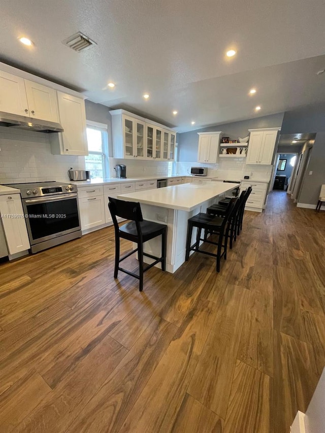 kitchen with visible vents, under cabinet range hood, white cabinetry, stainless steel appliances, and light countertops