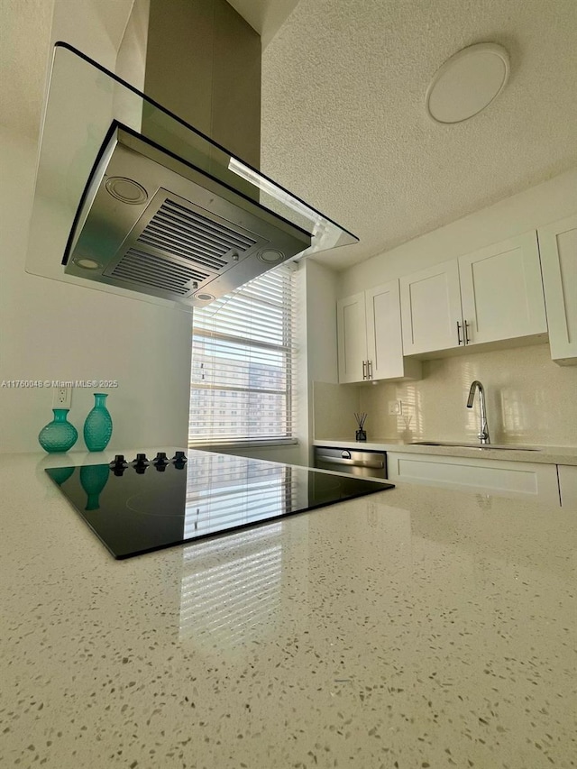 kitchen with backsplash, range hood, white cabinets, a textured ceiling, and a sink