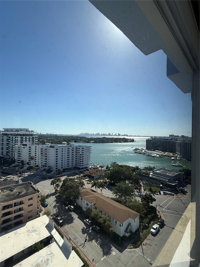 aerial view featuring a city view and a water view