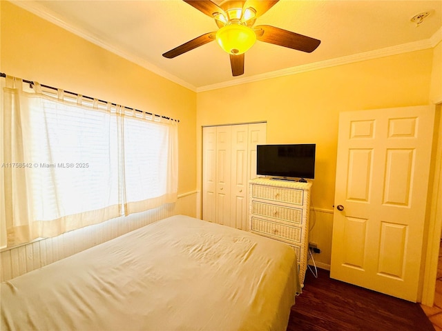 unfurnished bedroom with dark wood finished floors, ceiling fan, a closet, and ornamental molding