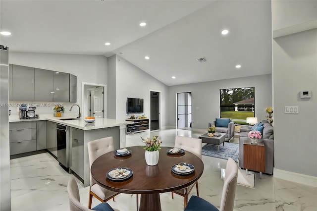 dining room featuring recessed lighting, visible vents, marble finish floor, and lofted ceiling