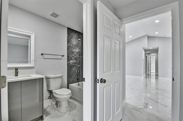 bathroom featuring vanity, visible vents, recessed lighting, toilet, and marble finish floor