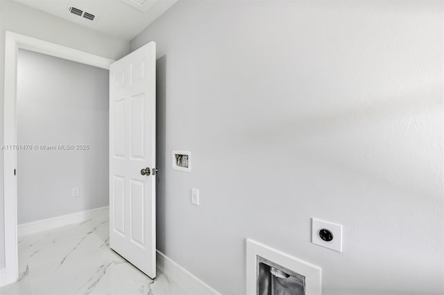 laundry area with visible vents, laundry area, electric dryer hookup, washer hookup, and marble finish floor