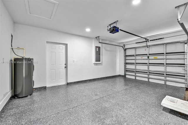 garage with recessed lighting, electric panel, baseboards, and water heater