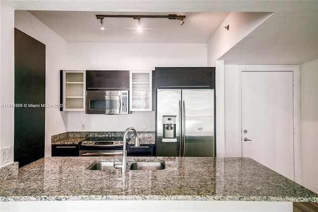 kitchen featuring a sink, stainless steel appliances, stone countertops, and glass insert cabinets