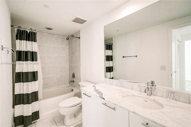 full bath featuring visible vents, toilet, vanity, and shower / bath combination with curtain