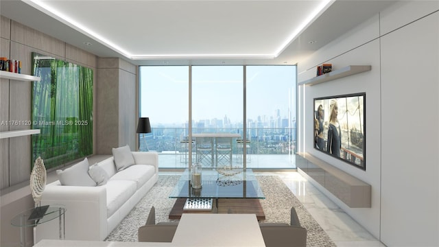 living room featuring a view of city, marble finish floor, and floor to ceiling windows