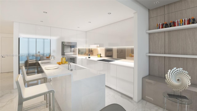 kitchen featuring marble finish floor, white cabinets, and modern cabinets