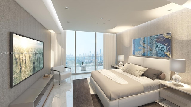 bedroom featuring a city view, marble finish floor, floor to ceiling windows, and wallpapered walls