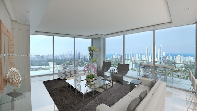 living area with a wealth of natural light, expansive windows, and a view of city