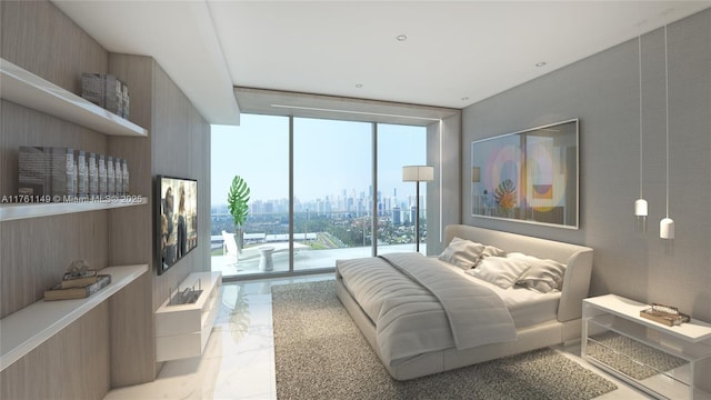 bedroom with access to exterior, a city view, marble finish floor, and a wall of windows