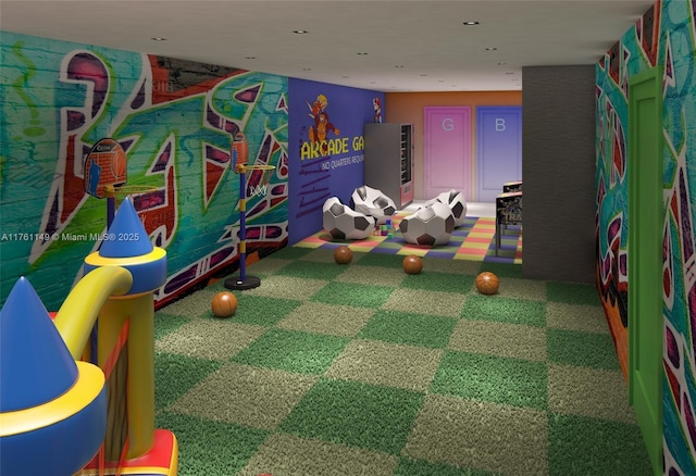 rec room with carpet floors