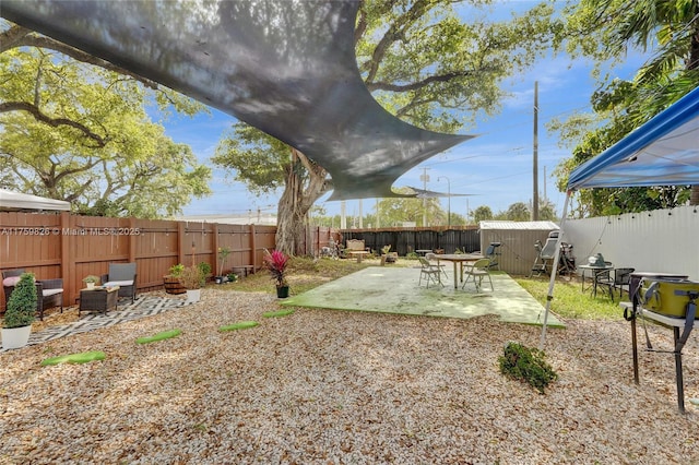 view of yard with an outdoor structure, a fenced backyard, a storage shed, and a patio area