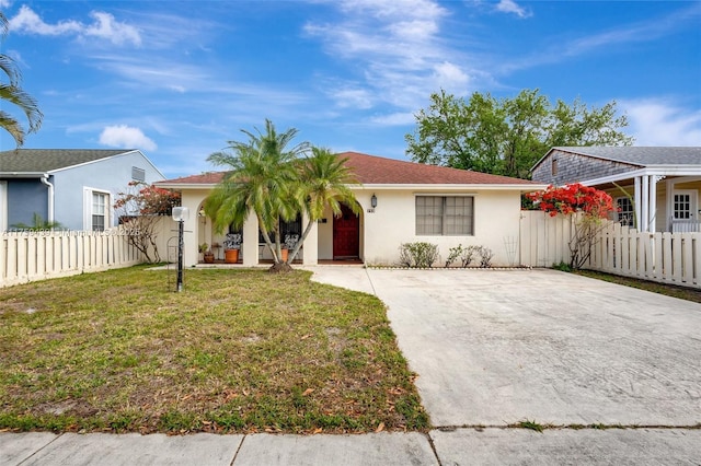 ranch-style house featuring stucco siding, a front lawn, and fence