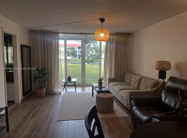 living area with wood finished floors and a textured ceiling