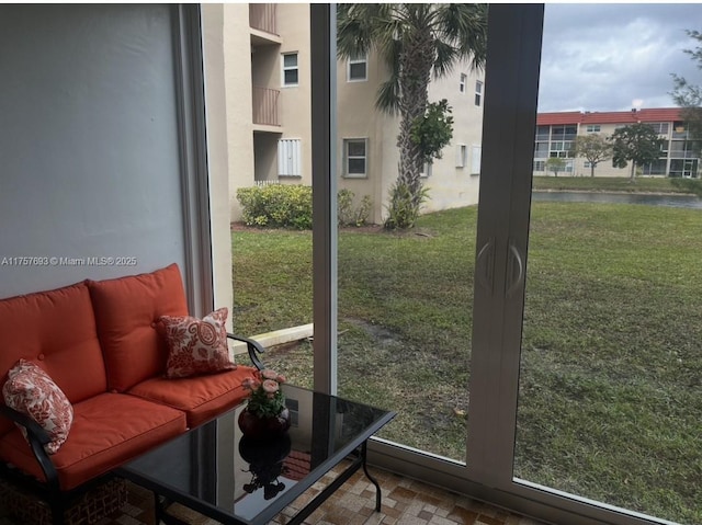 interior space featuring a water view