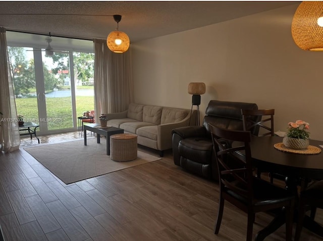 living area featuring a textured ceiling and wood finished floors