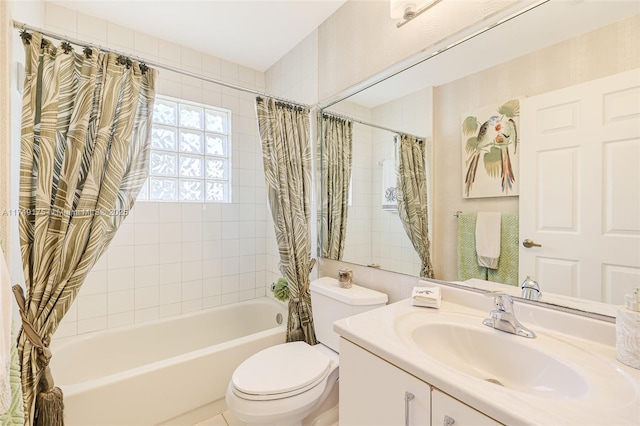 bathroom with shower / bath combination with curtain, toilet, and vanity