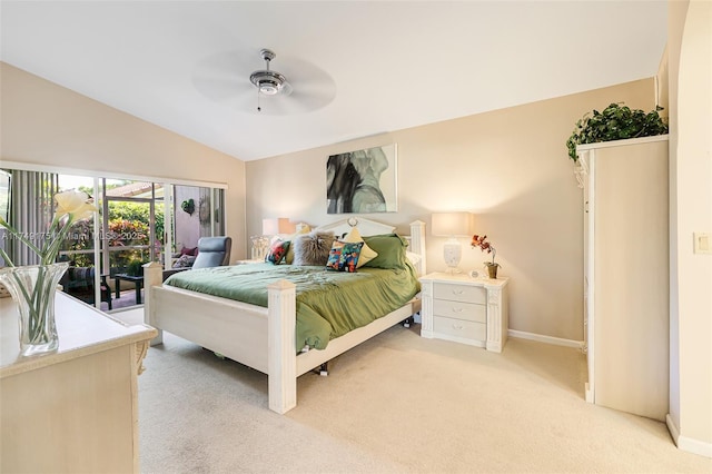 bedroom featuring baseboards, lofted ceiling, light colored carpet, and access to exterior