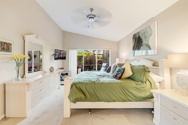 bedroom with lofted ceiling, light carpet, a ceiling fan, and access to outside