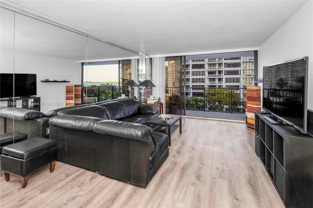 living room featuring a wall of windows and wood finished floors