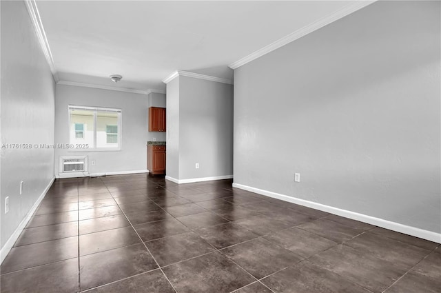 521 NE 82nd Ter, Miami, FL 33138 - unfurnished living room featuring a wall mounted AC, dark tile patterned floors, baseboards, and ornamental molding
