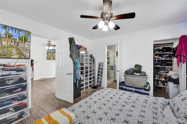 bedroom featuring wood finished floors and a ceiling fan