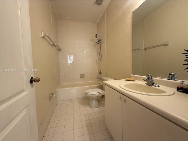 full bath featuring tile patterned floors, shower / tub combination, toilet, and vanity