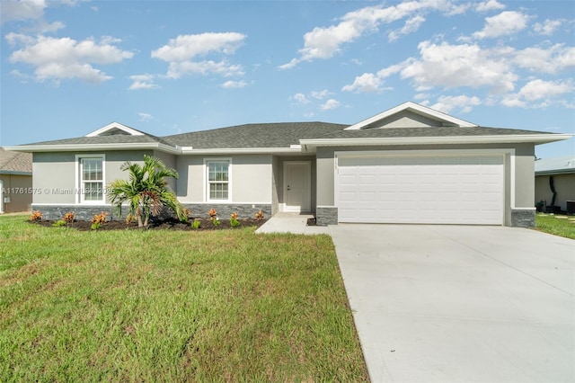 view of front of property with stucco siding, stone siding, a garage, and a front lawn