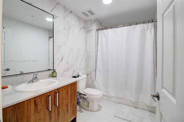 full bath featuring vanity, visible vents, tile walls, toilet, and tile patterned floors