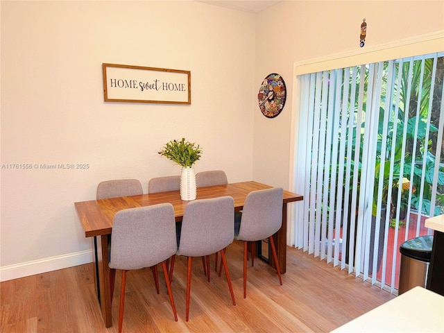 dining area featuring wood finished floors and baseboards