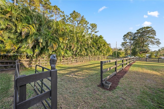 view of home's community featuring a rural view, a lawn, and fence