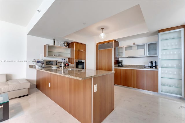 17201 Collins Ave Unit 3708, Sunny Isles Beach, FL 33160 - kitchen featuring open shelves, stainless steel appliances, brown cabinetry, modern cabinets, and light stone counters